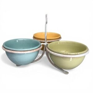 Pastel 3 Bowl Relish Dip Set Iron Ceramic TAG Spring Summer Picnic Serving Tray